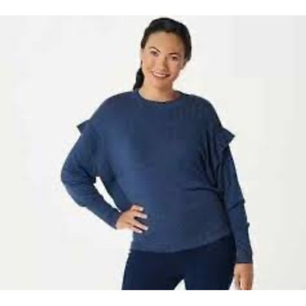 Zuda Womens Ruffle Sleeve Sweater Teal Blue Ecovero Viscose Blend Size S casual